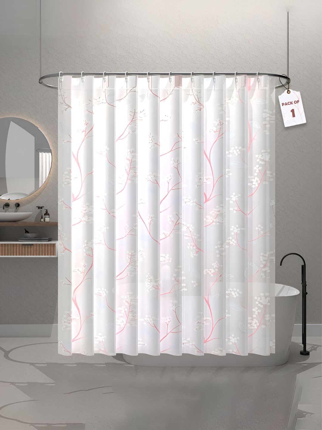 Aura White & Pink Floral Printed Waterproof ShowerCurtainWithHooks-picture-51