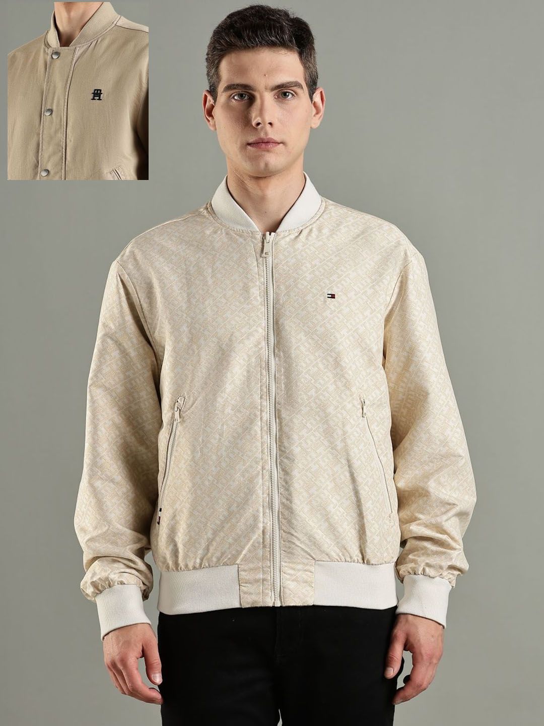 Tommy Hilfiger Men Stand Collar Solid Reversible Casual Bomber-picture-22