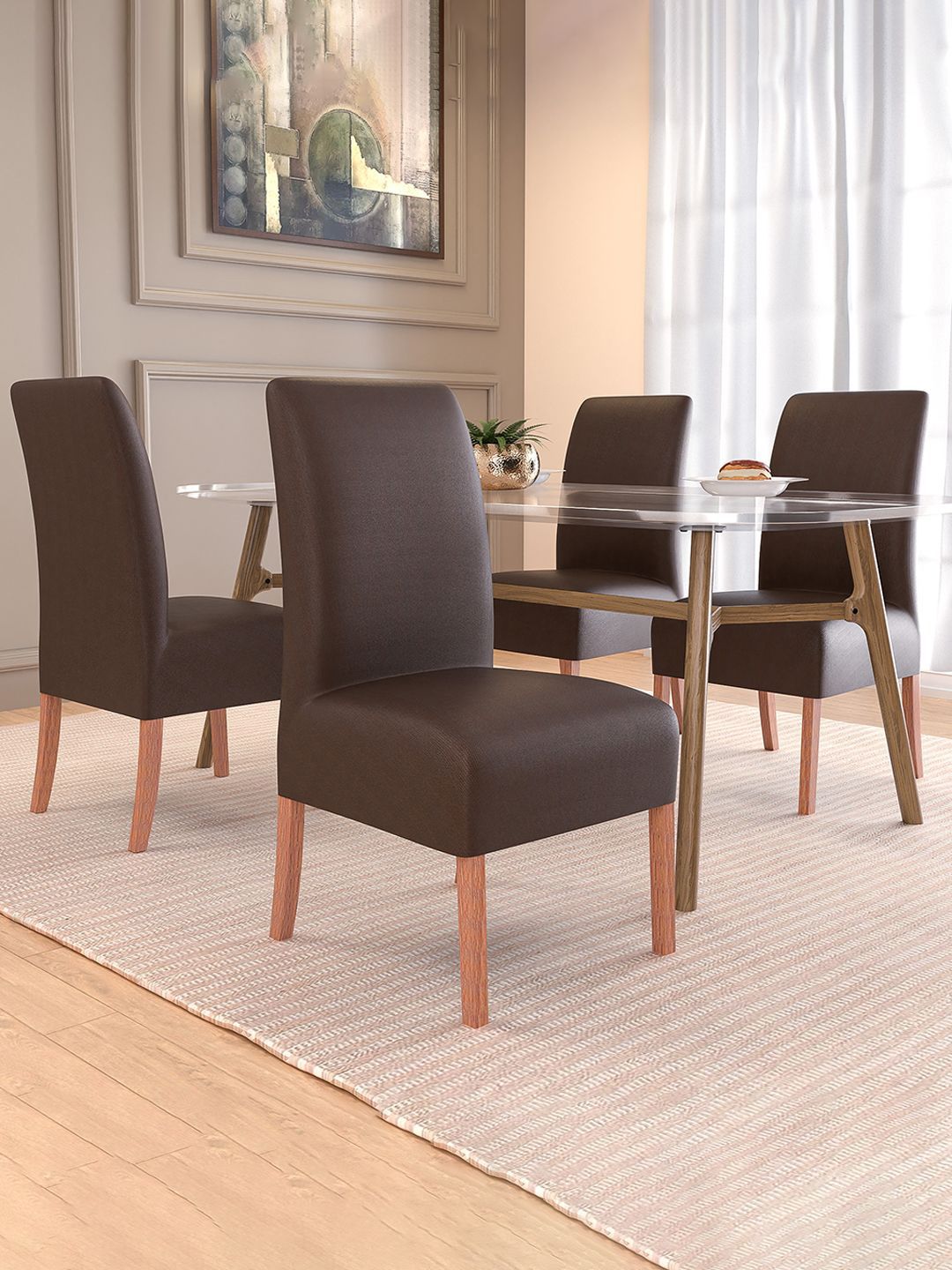 Kuber Industries 4-Pcs Brown Textured Stretchable Center Table Chair Cover-picture-21
