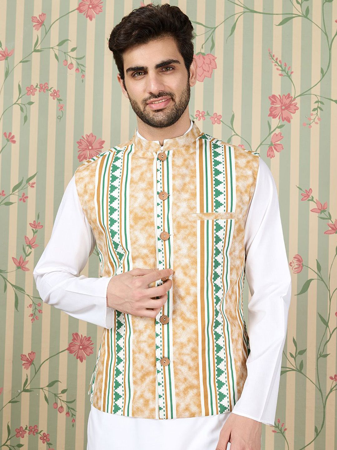 Ode by House of Pataudi Printed Pure Cotton Mandarin Collar Nehru Jacket-image-28