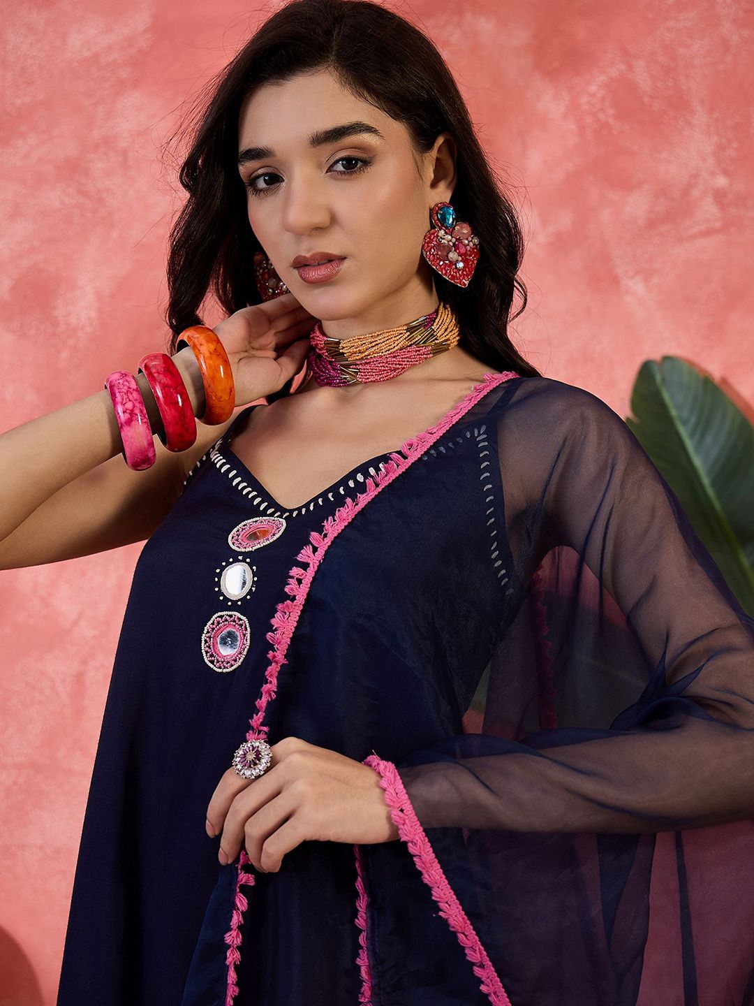 Sangria Embroidered Shoulder Straps Kurta With Trouser And Dupatta