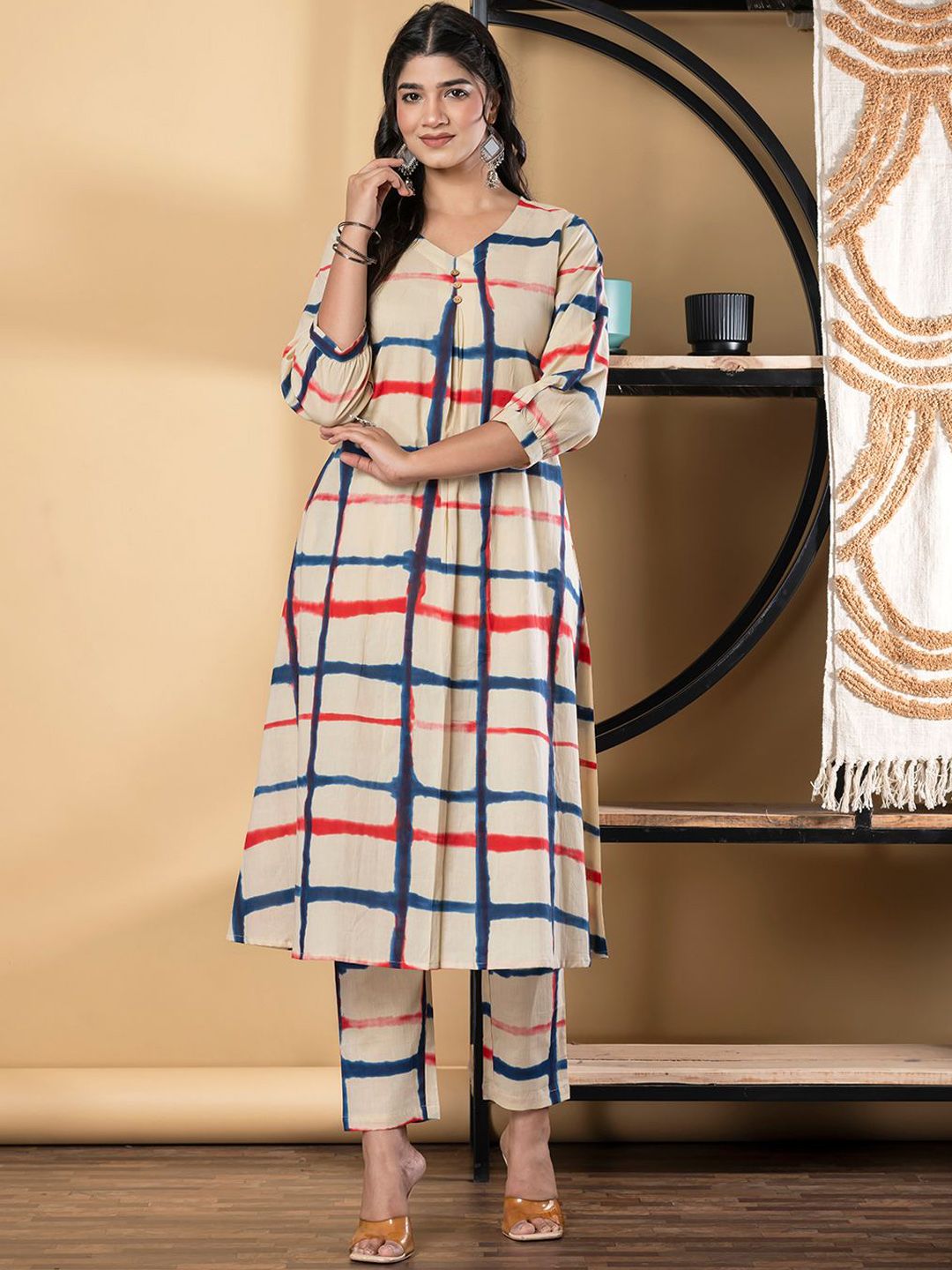 Readiprint Geometric Printed Pleated V Neck A Line Pure Cotton Kurta With Palazzos