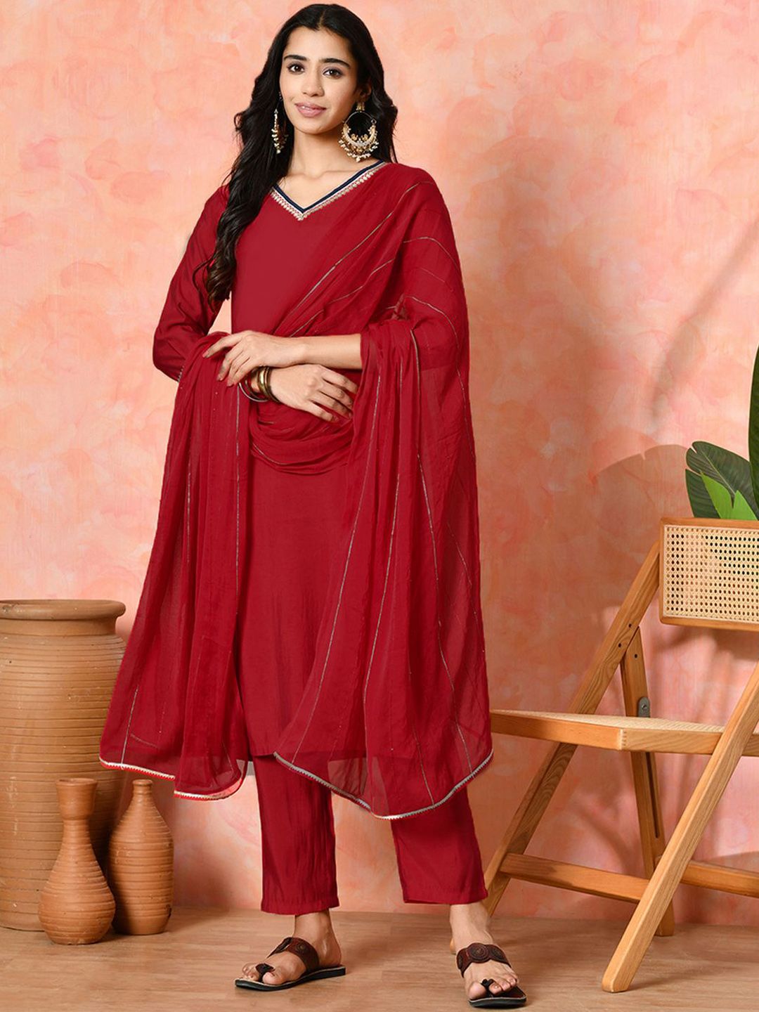 Sangria Women Embroidered V-Neck Straight Kurta Set With Dupatta