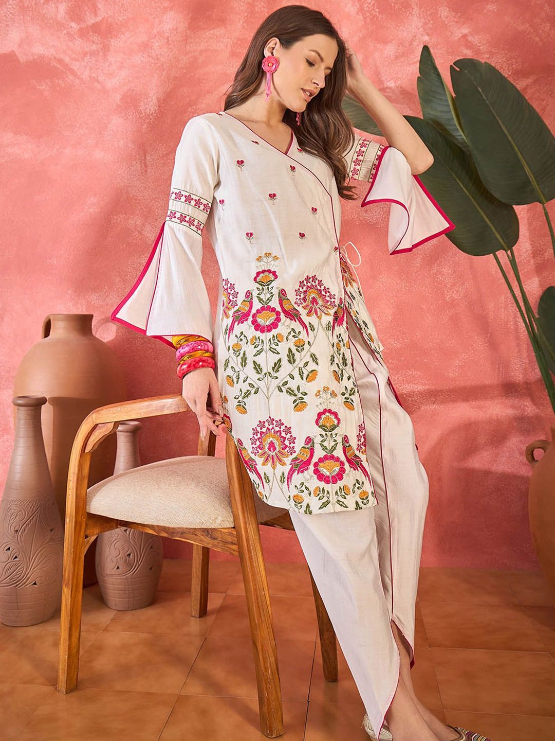 Sangria Floral Embroidered V-Neck Angrakha A-Line Kurta With Dhoti Pant