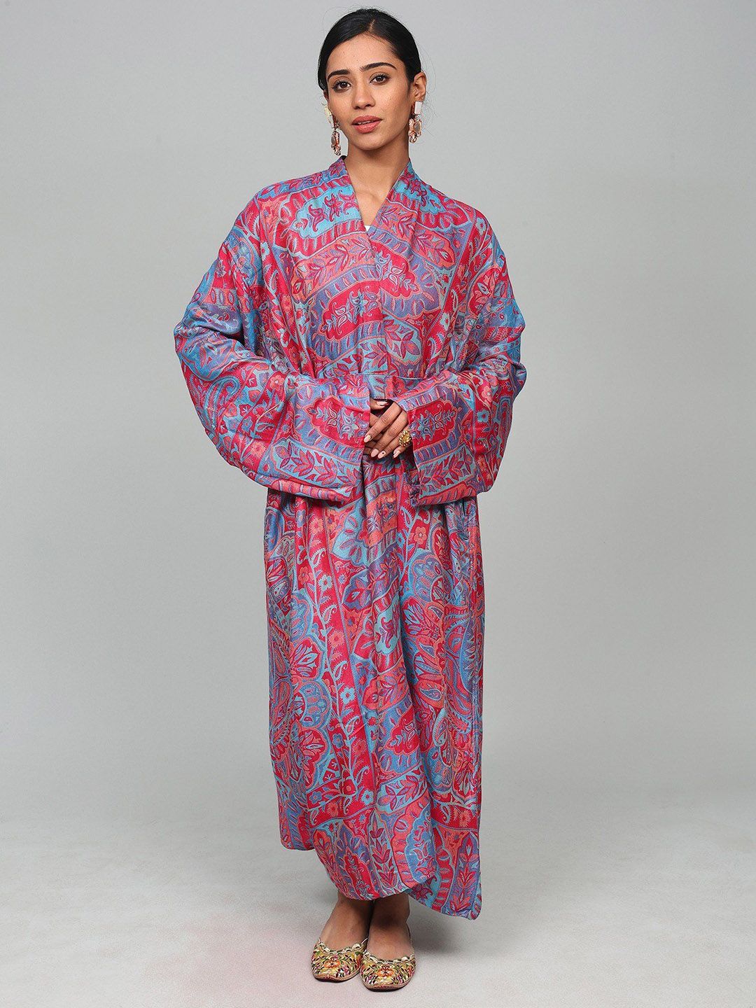 Exotic India Multicolor Woven Flower & Paisley Motifs Jamawar Robe-image-4