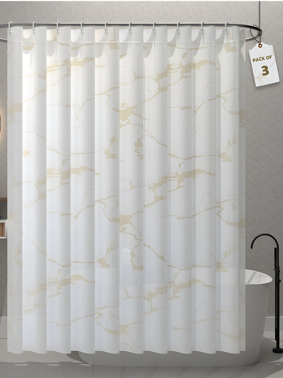 Aura 3-Pcs White & Beige Marble Printed Waterproof ShowerCurtainWithHooks-picture-13