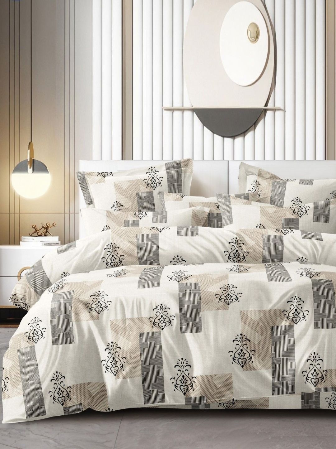 Aura Off White & Beige Ethnic Motifs 350 TC King Bedsheet with 2 Pillow Covers-image-18