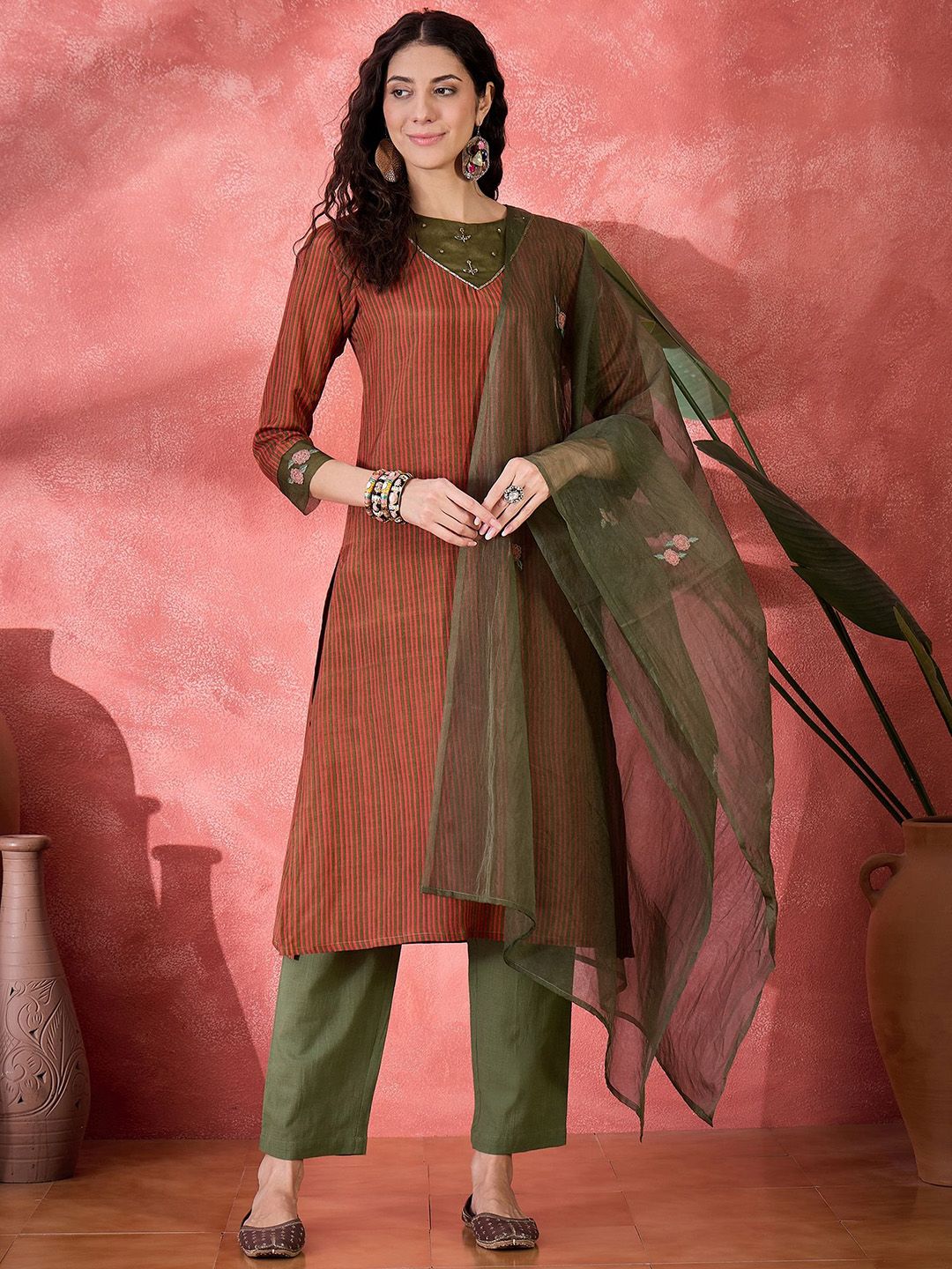 Sangria Striped Printed Round Neck Straight Kurta With Trousers And Dupatta