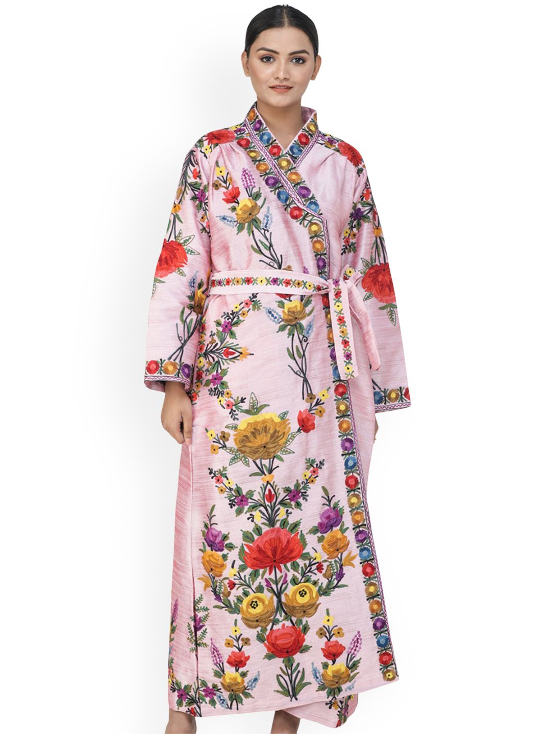Exotic India Aari Embroidered Multicolored Flowers Kashmiri Robe-image-35