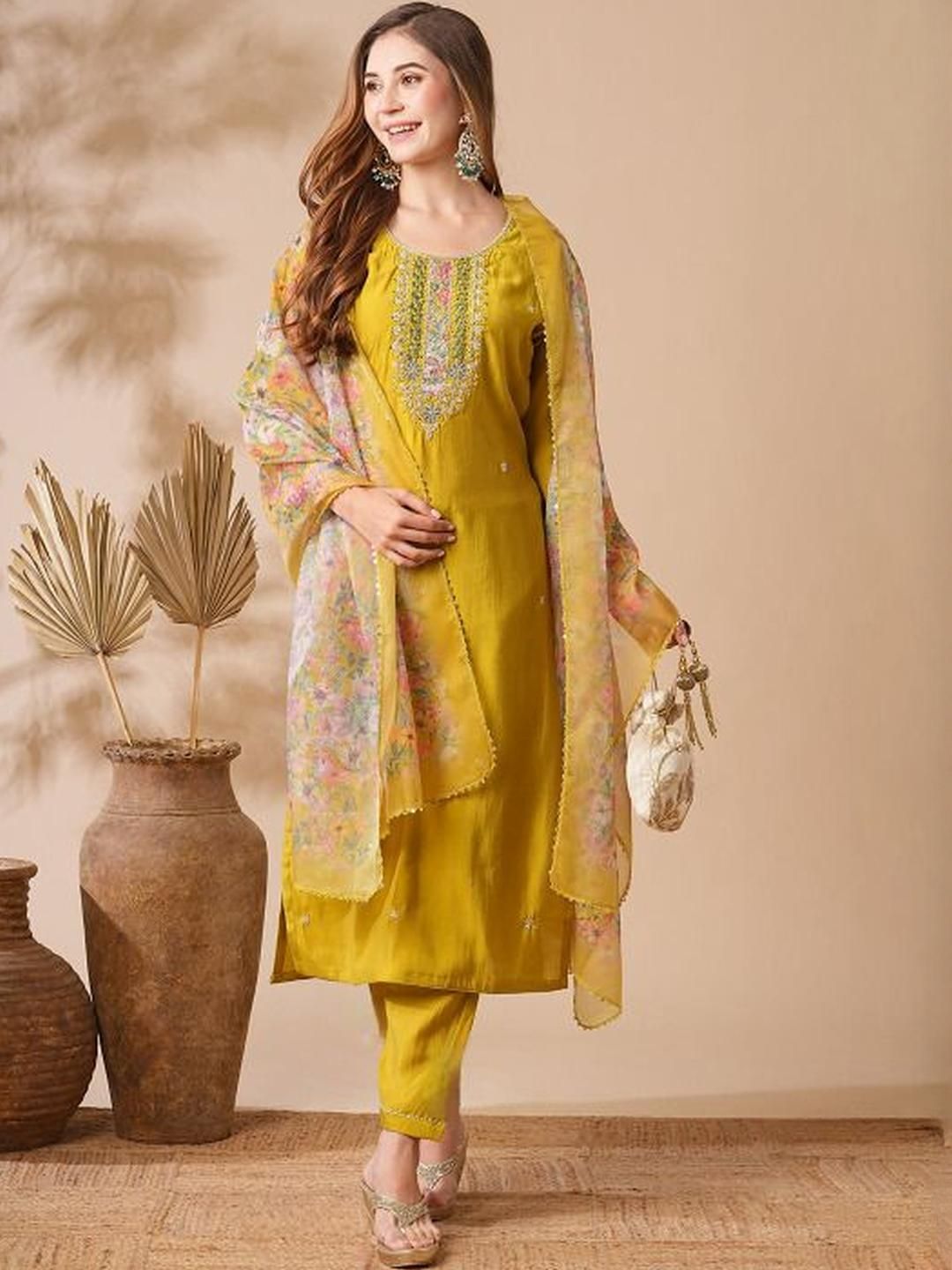 SZN Women Yellow Chanderi Silk Kurta Sets-picture-34