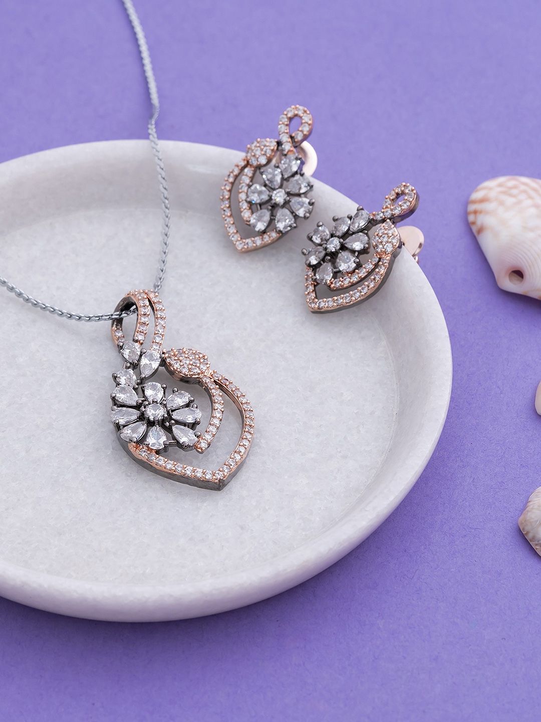 Manikya Rose Gold-Plated Cubic Zircon Studded Pendant Set-picture-36