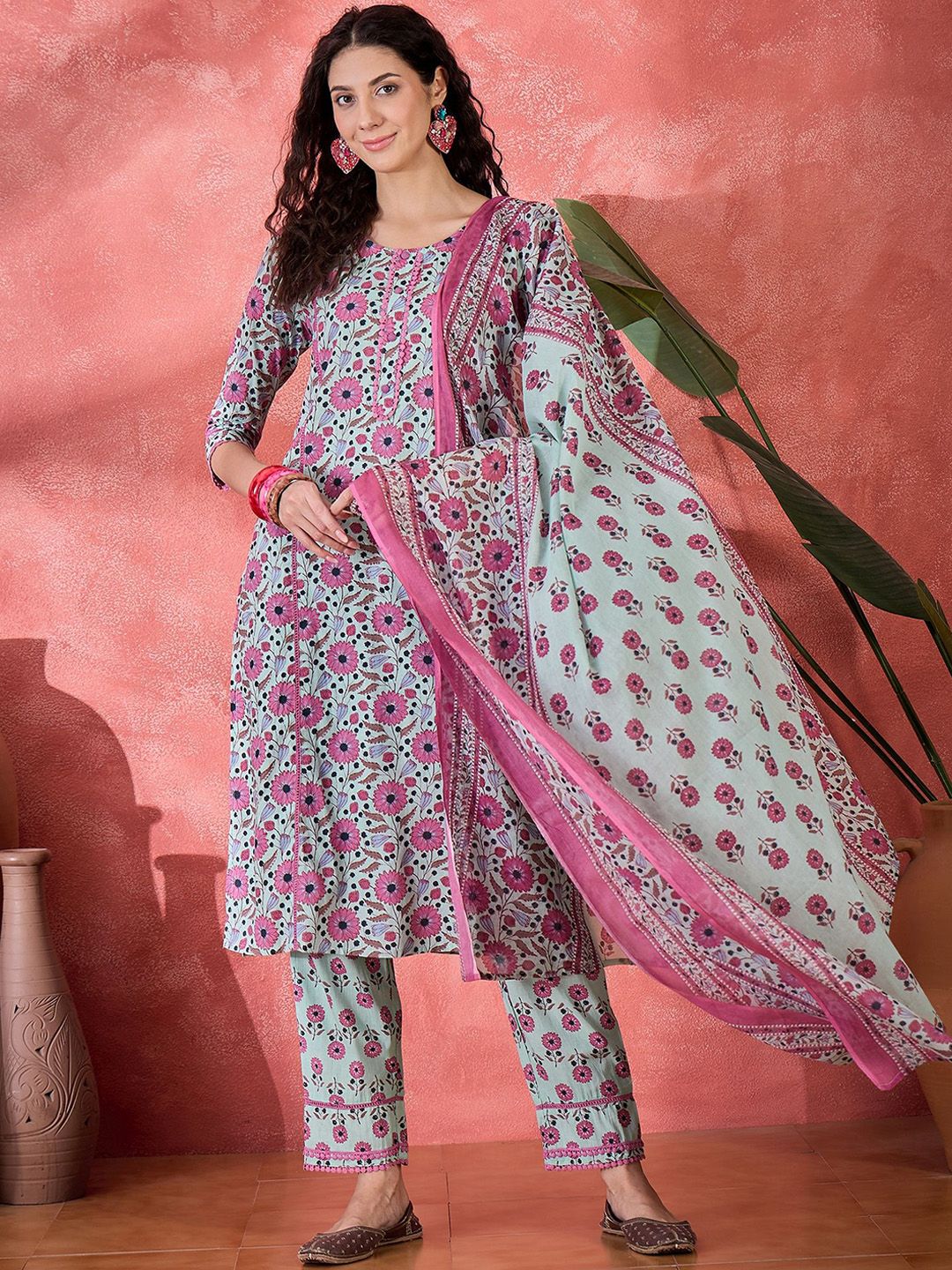 Sangria Women Floral Printed Pure Cotton Round Neck Kurta With Trouser & Dupatta