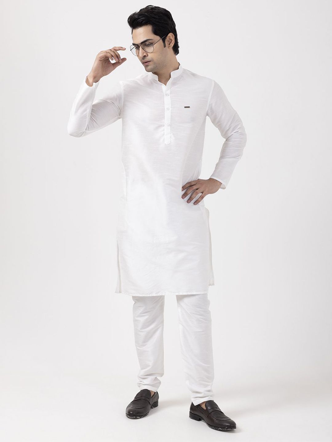 DEVOILER Woven Design Band Collar Dupion Silk Straight Kurta-picture-16