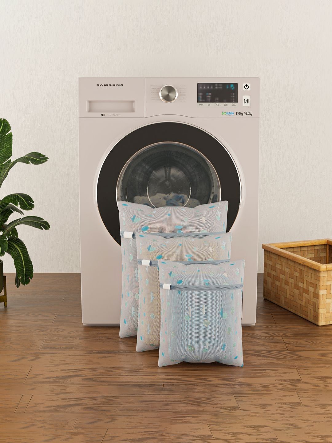 Aura 3Pcs White & Blue Cactus-Printed Reusable Mesh Laundry Bags With Zipper-picture-12