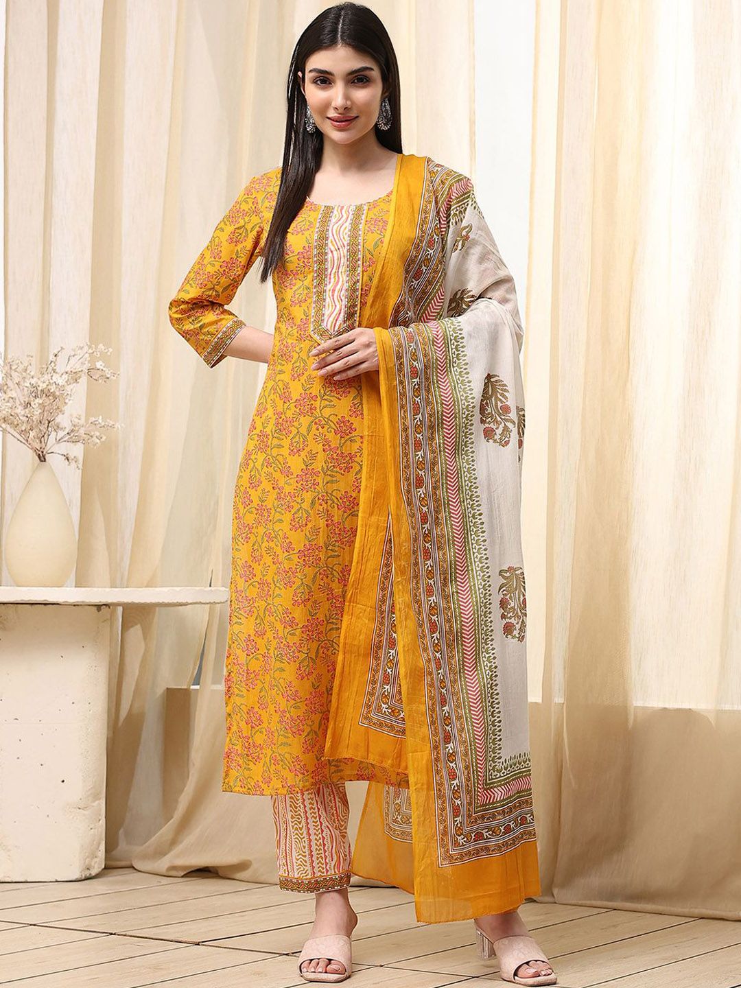 Biba Women Floral Printed Pure Cotton Kurti With Trousers And Dupatta