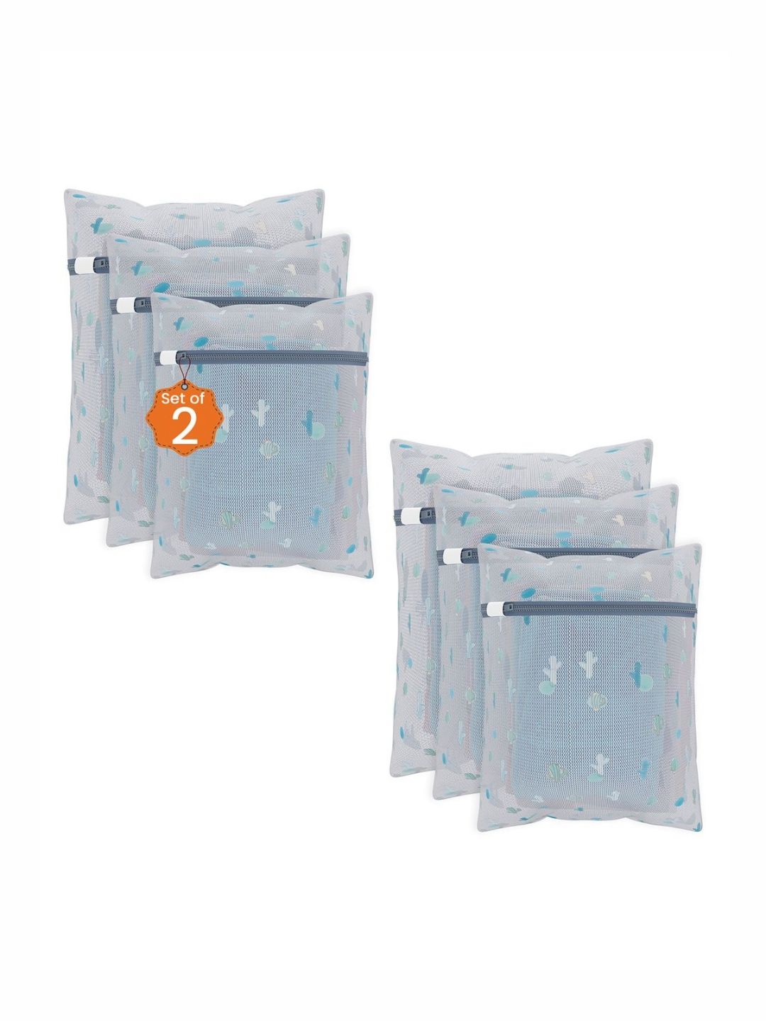 Aura 6Pcs White & Blue Cactus-Printed Reusable Mesh Laundry Bags With Zipper-picture-53