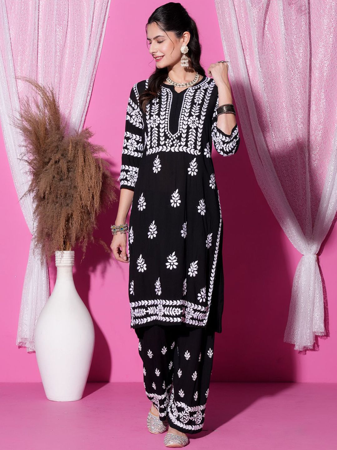 KHAKA Ethnic Motifs Embroidered Notch Neck Chikankari Pure Cotton Kurta With Palazzos