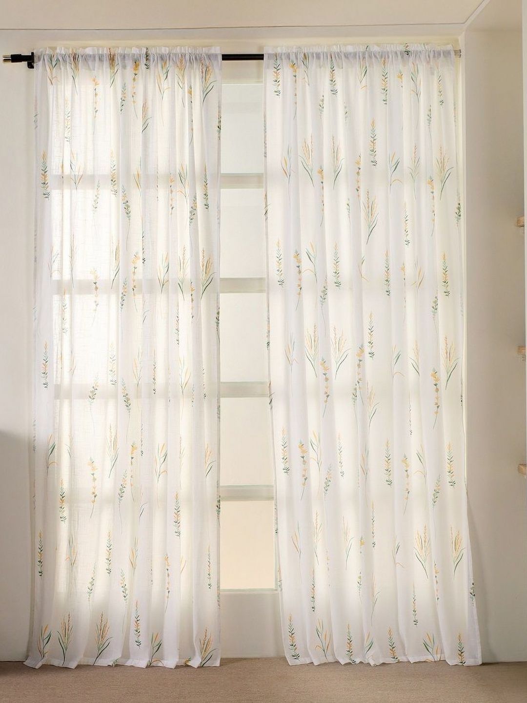 HOMEMONDE White & Yellow Set of 2 Floral Sheer Door Curtain-picture-33