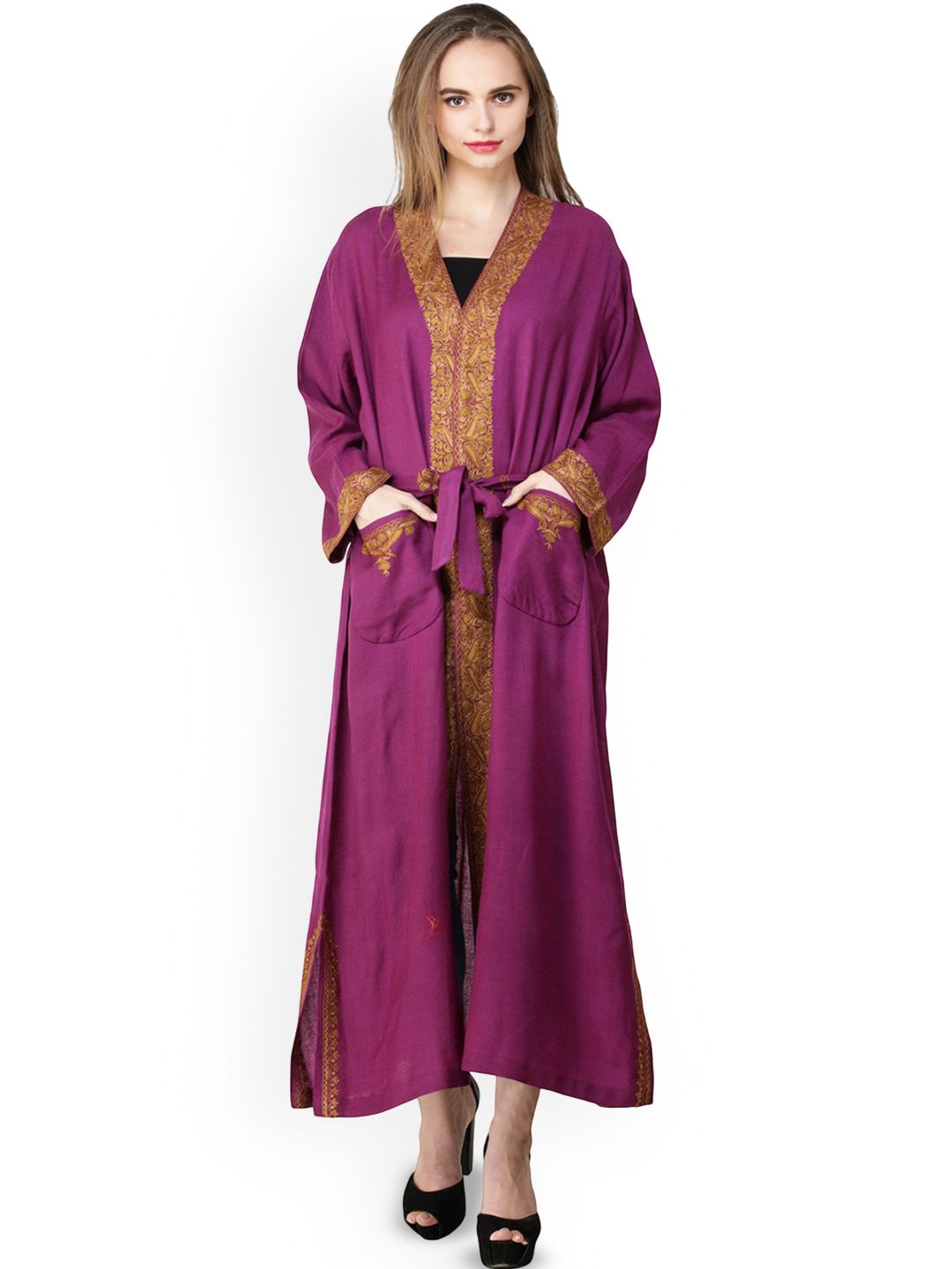 Exotic India Aari Embroidered Paiselys & Florals Kashmiri Robe-image-37
