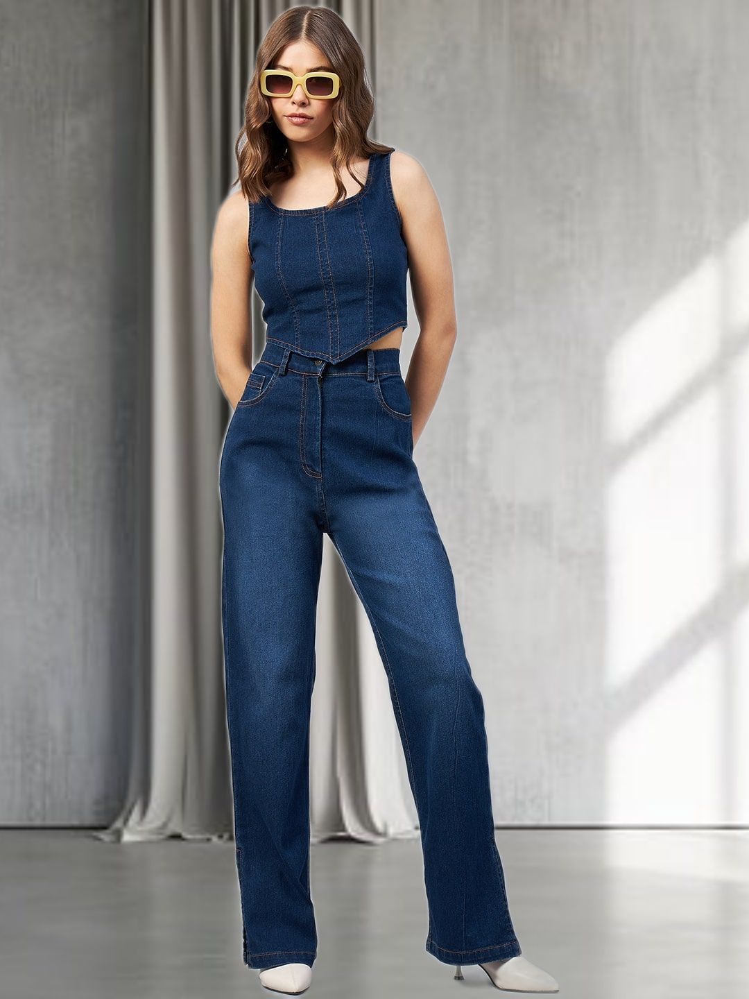 All About You Women Solid Sleeveless Cotton Denim Crop Top view 3