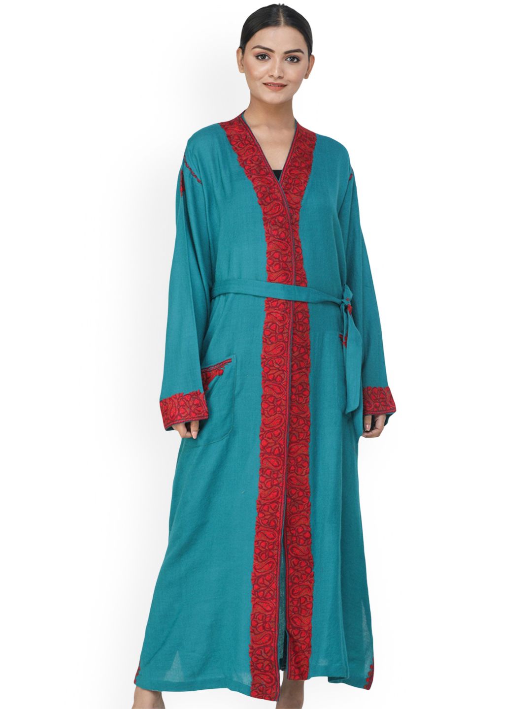 Exotic India Aari Hand-Embroidered Paisleys Deep-Lake Kashmiri Robe-image-5