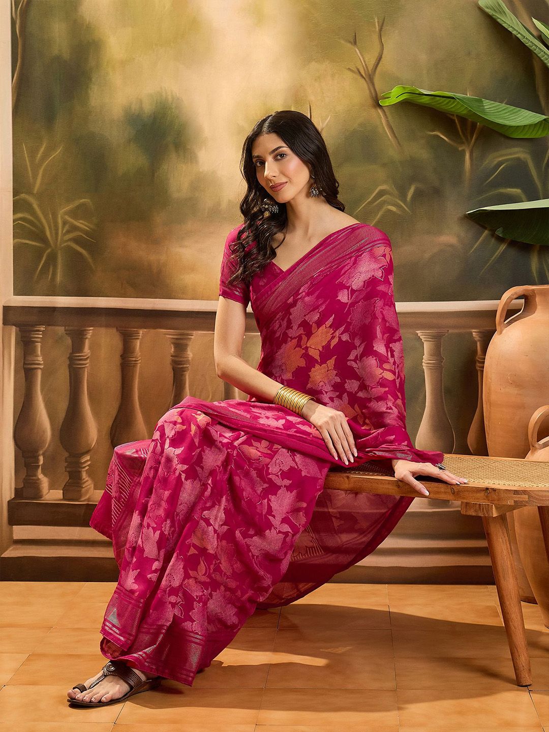 Sangria Woven Design Floral Print Saree With Blouse Piece-image-42