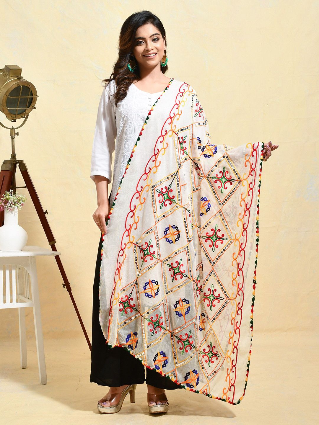 swatika Floral Embroidered Phulkari Chiffon Dupatta