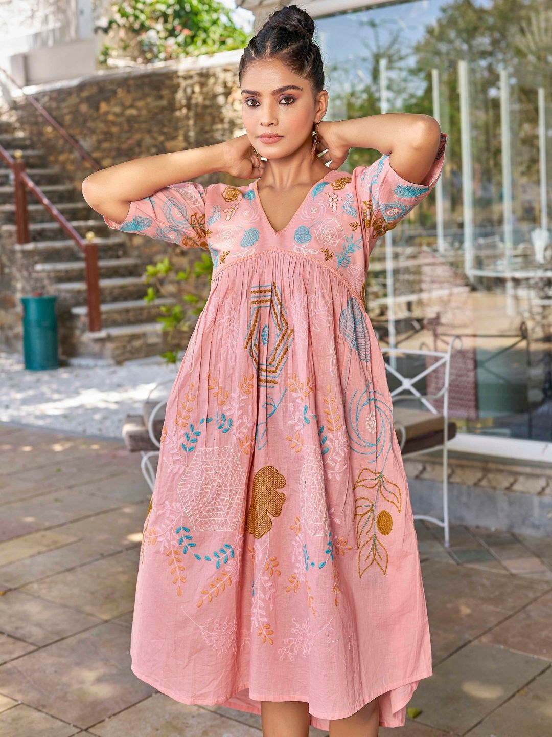 PEACH PIPER Women Floral Embroidered Cotton Empire Dress