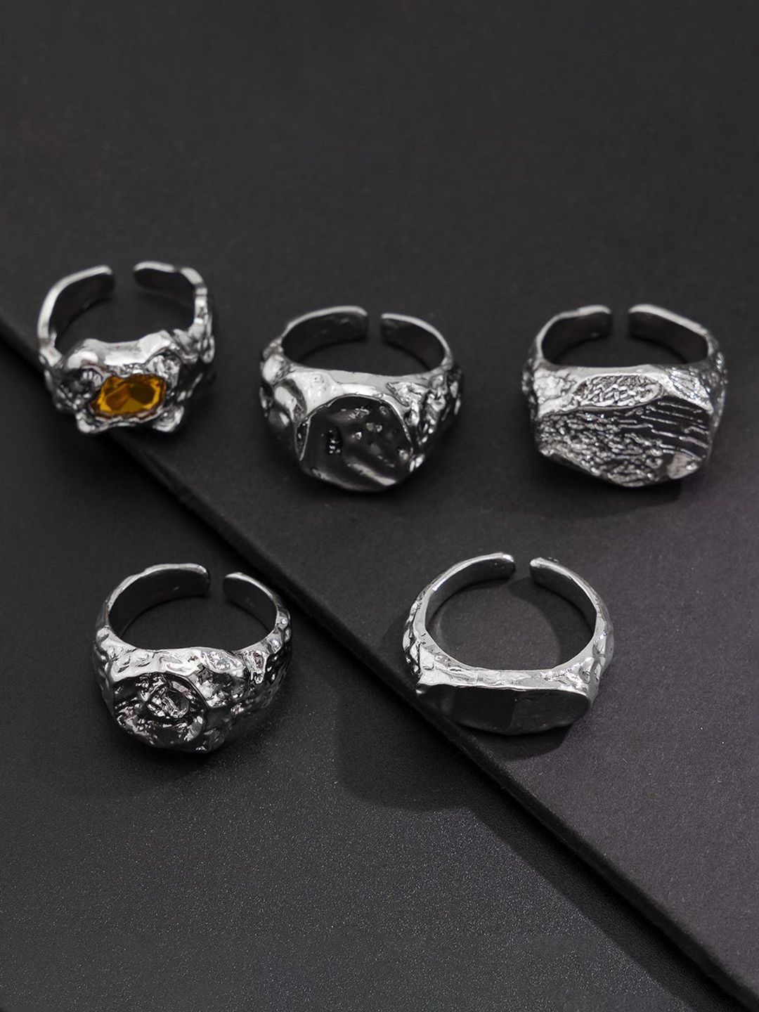 StyleCast x Revolte Men Set Of 5 Silver-Plated Stones-Studded Adjustable Finger Rings-picture-28