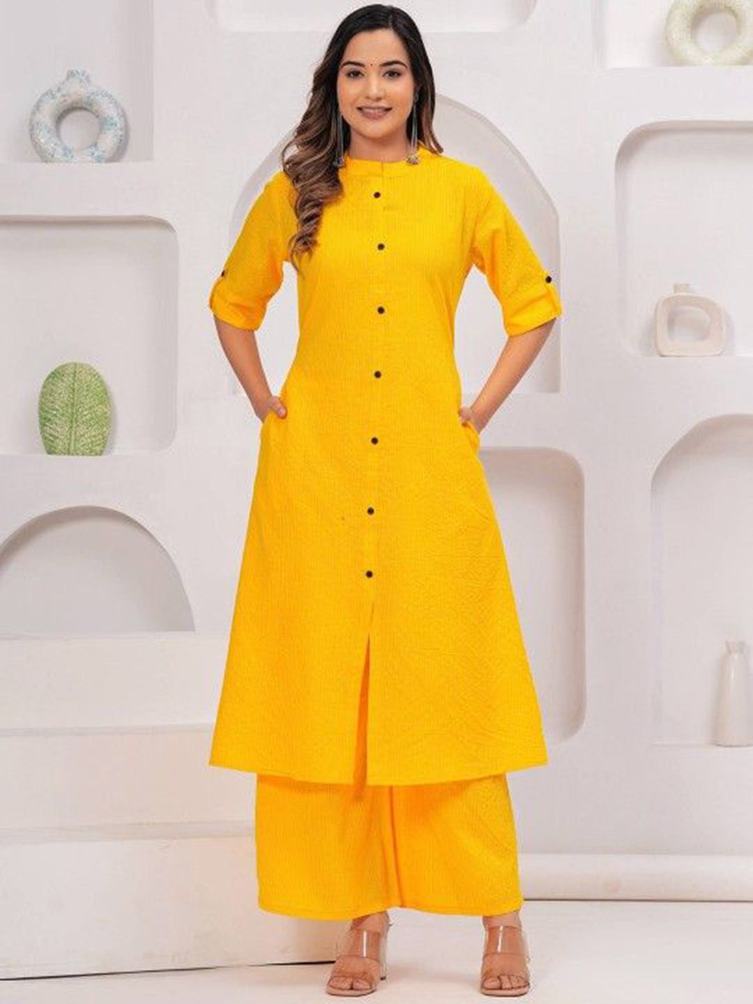 JALTHER Striped Mandarin Collar Pure Cotton A-Line Kurta With Palazzos