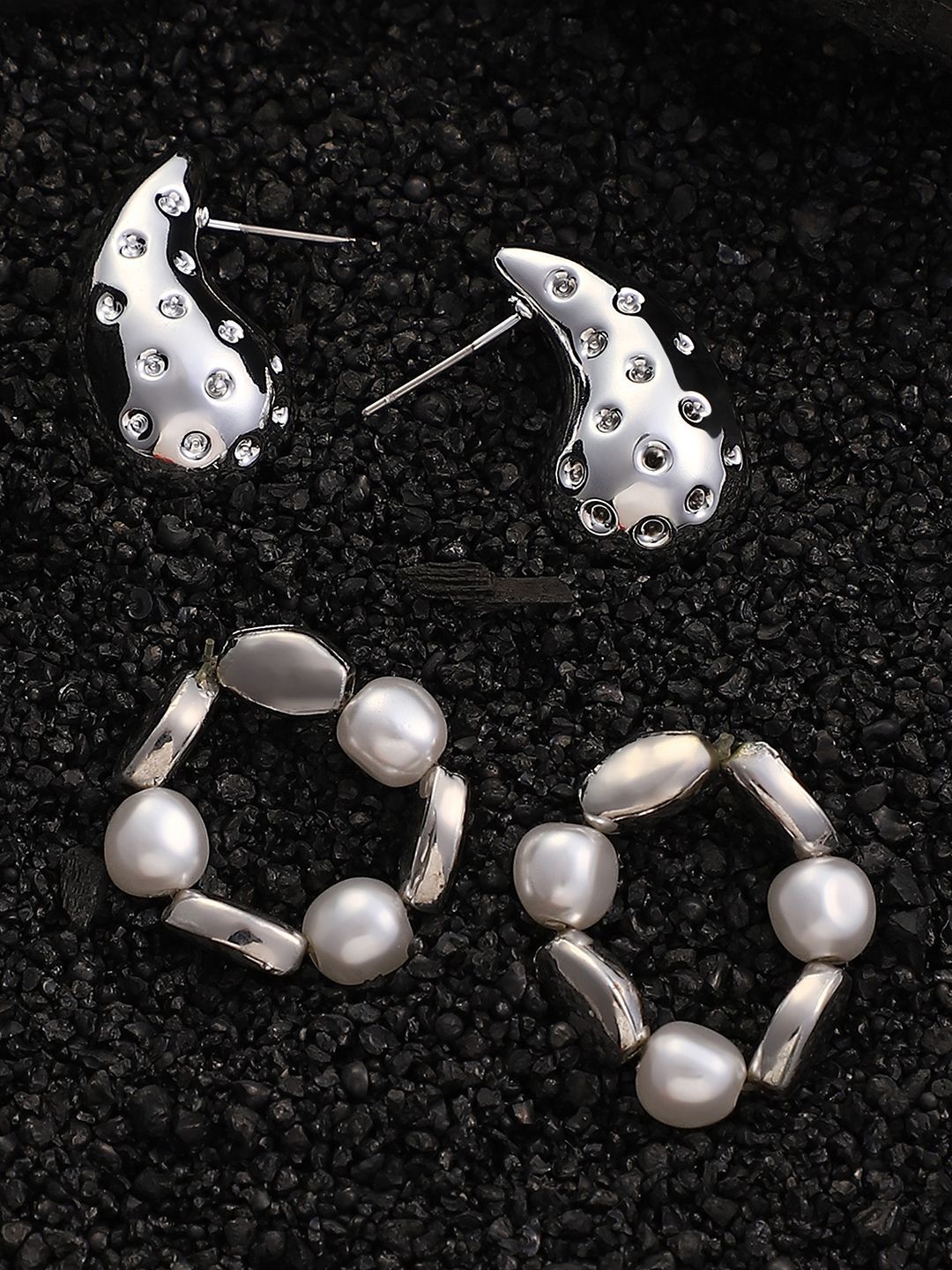 SOHI Set Of 2 Silver-Plated Teardrop Loop Studs Earrings-image-42