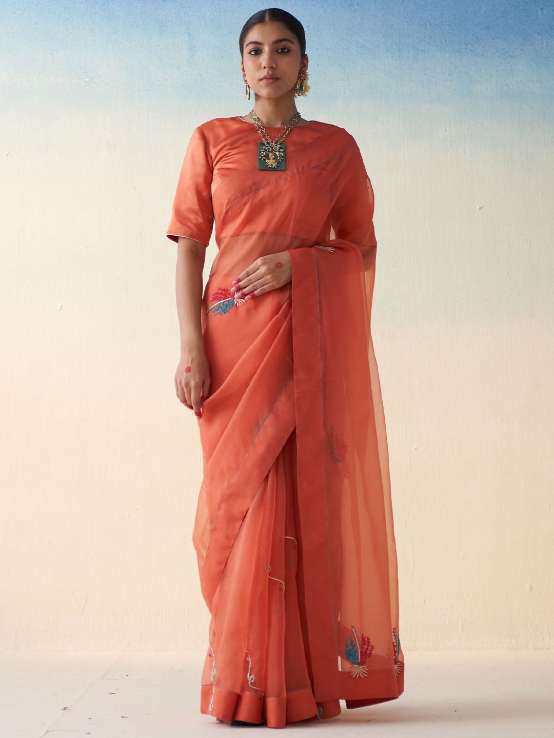 JANKI INDIA Floral Embroidered Saree With An Organic Cotton Stitched Petticoat-picture-11
