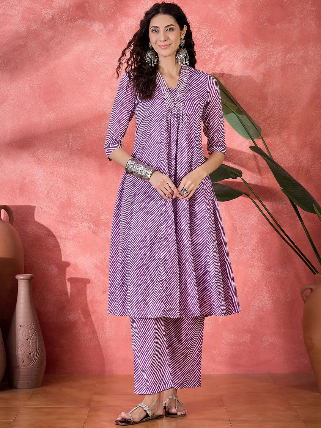Sangria Women Striped Pure Silk Kurta & Trousers