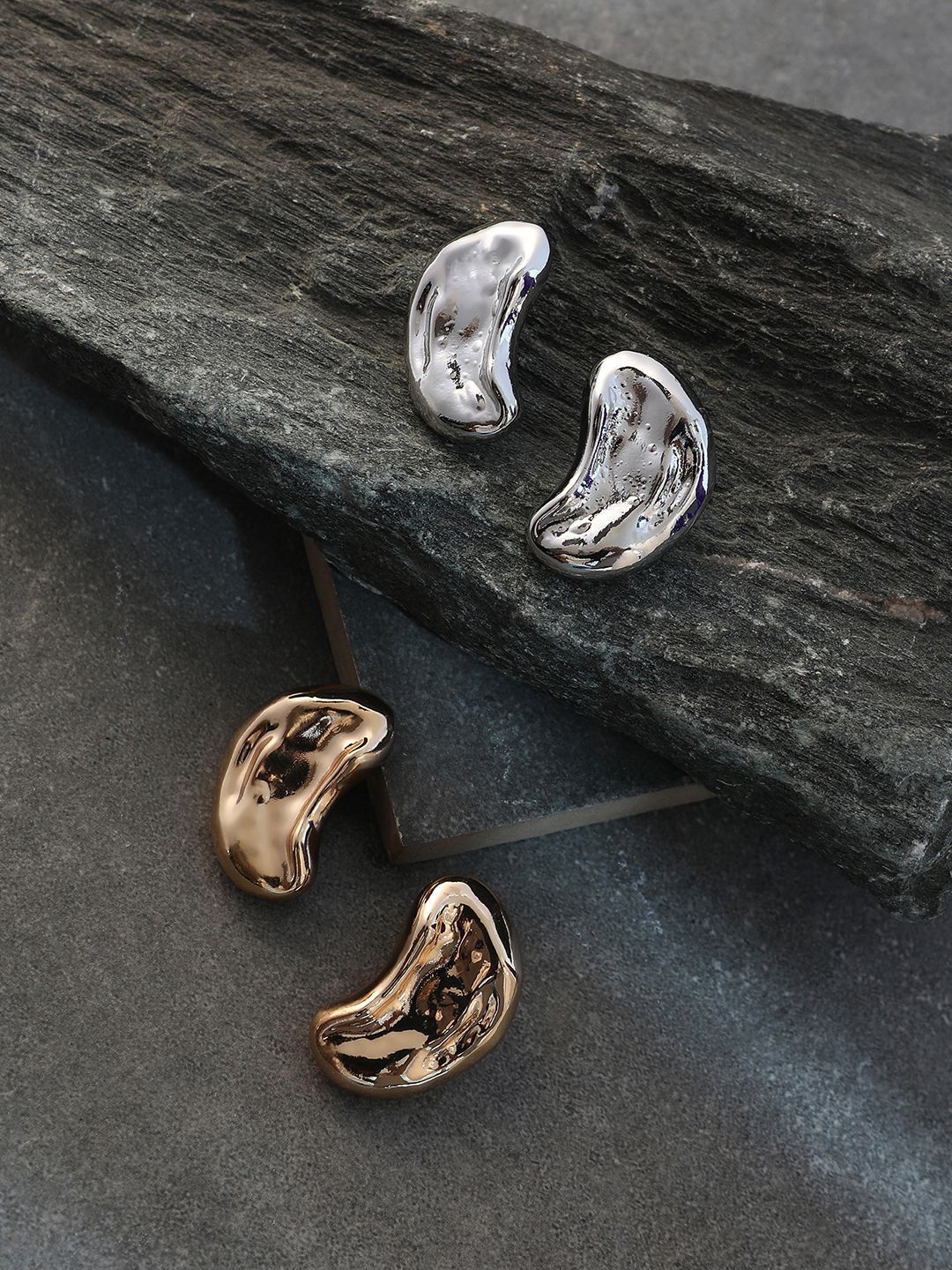 SOHI Set Of 2 Silver-Plated Dented Bean Contemporary Studs Earrings-picture-41