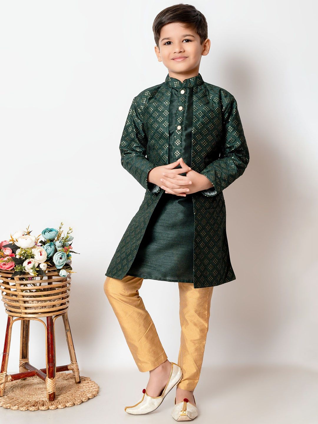 AHLAN APPARELS Boys Ethnic Motifs Embroidered Sequinned Dupion Silk Kurta with Pyjamas-picture-15