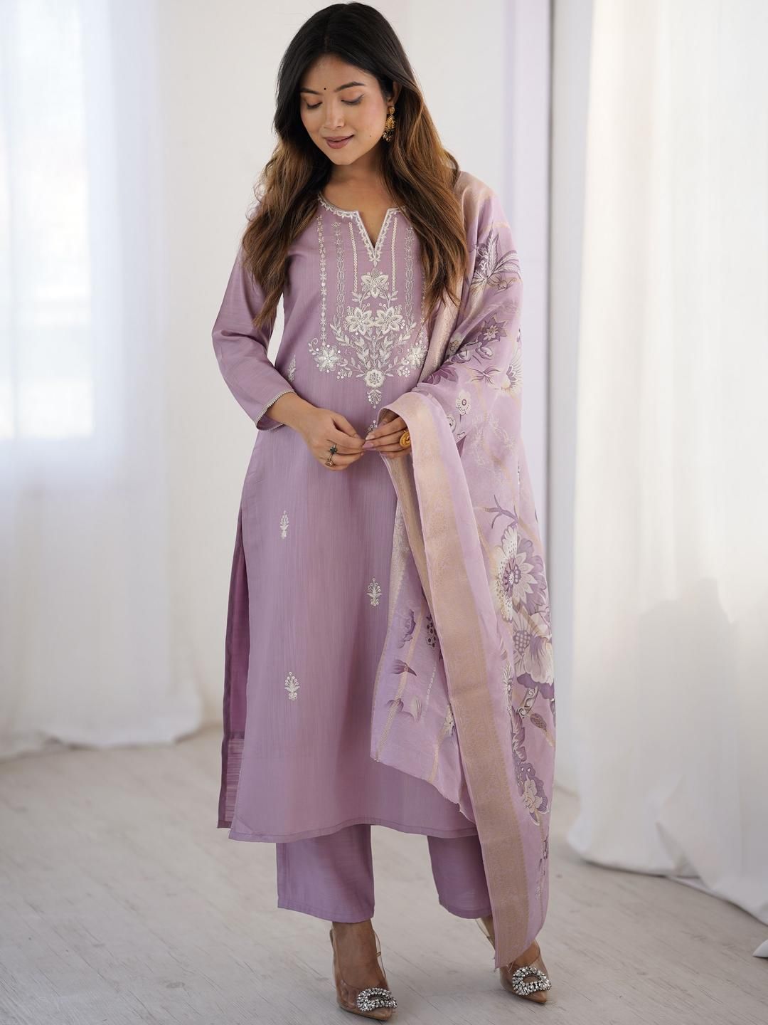 KALINI Women Floral Embroidered Regular Thread Work Kurta with Trousers & With Dupatta