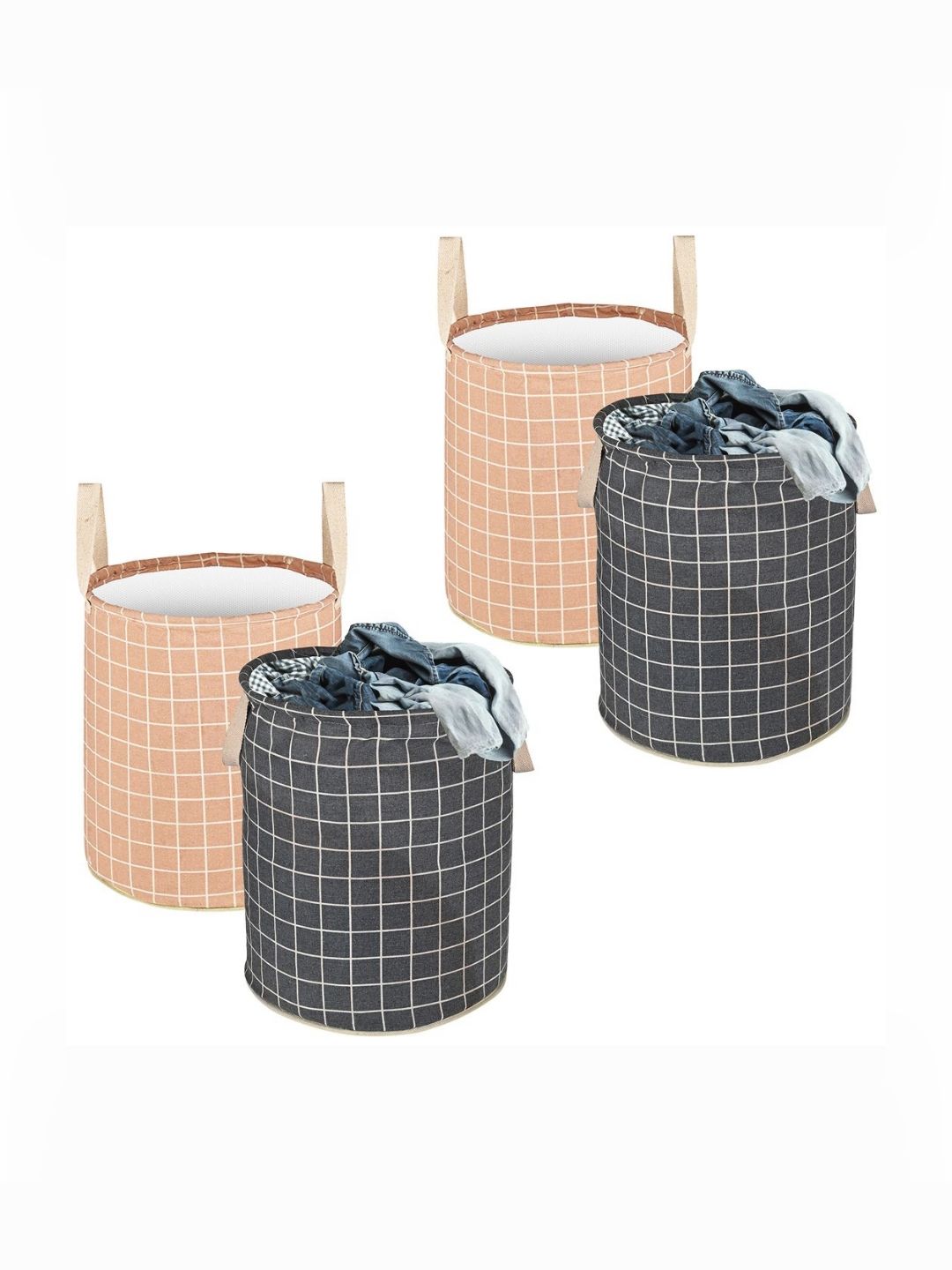 Aura 4-Pcs Grey & Brown Checked Cotton Foldable Laundry Bags With Handle - 60L-picture-17