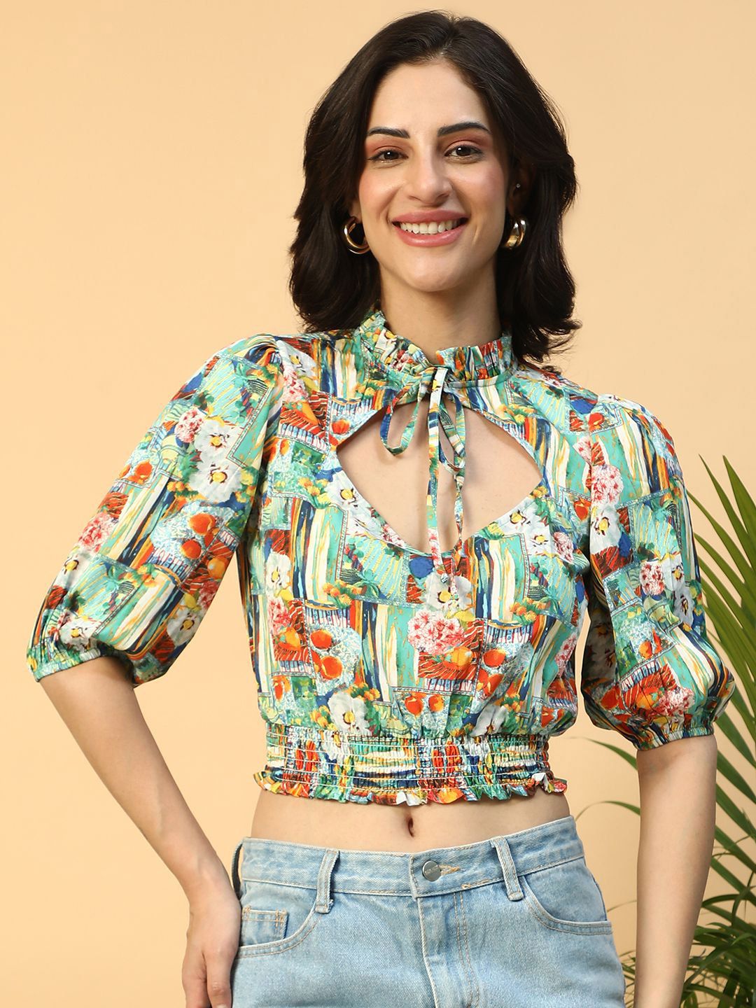 Oxolloxo Women Printed Keyhole Neck With Tie-Up String Smocking Detail Crop Top-picture-14