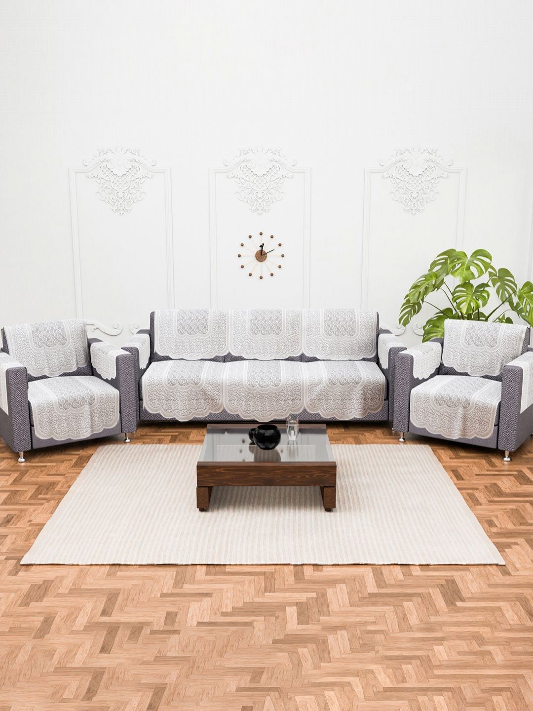 Aura White Printed 5 Seater Cotton Sofa Cover With Arms-image-32