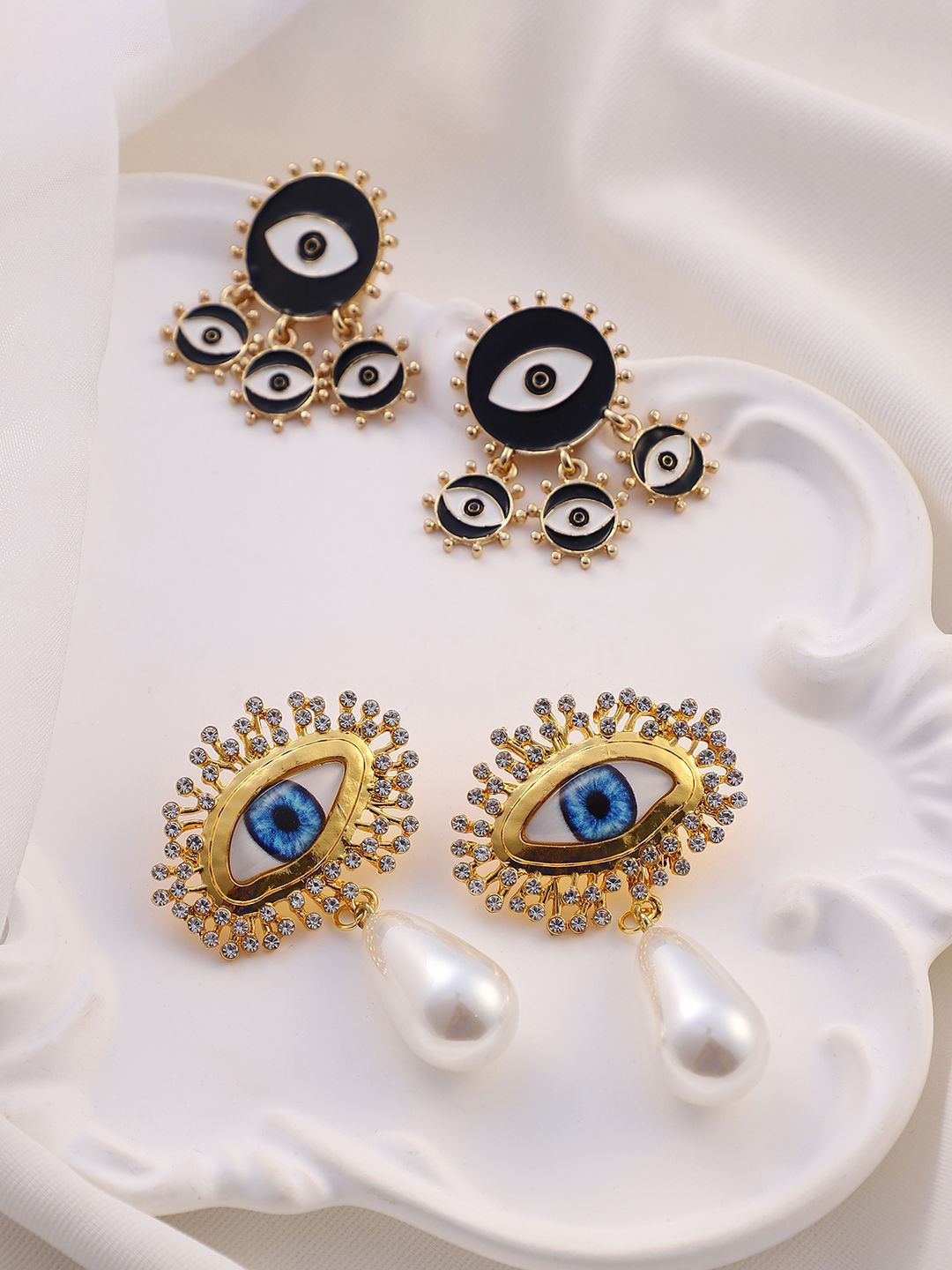 SOHI Set Of 2 Gold-Plated Pearls Studded Evil Eye Contemporary Drop Earrings-picture-27