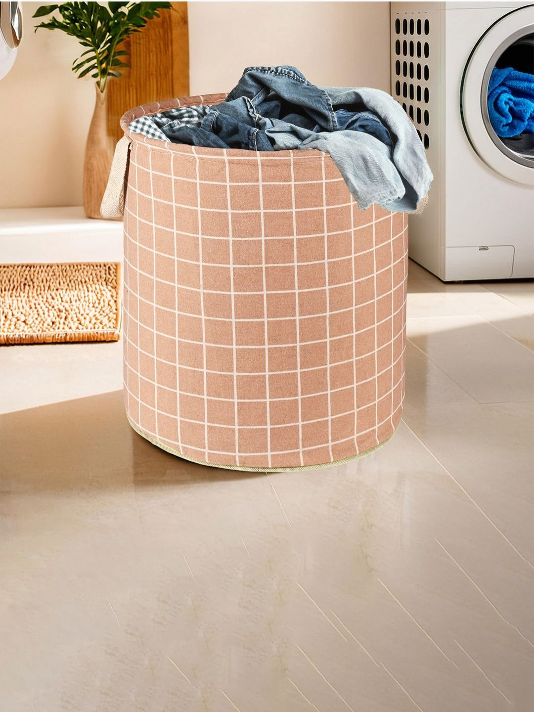 Aura Brown & White Checked Cotton Foldable Laundry Bag With Handle - 60 L-picture-57