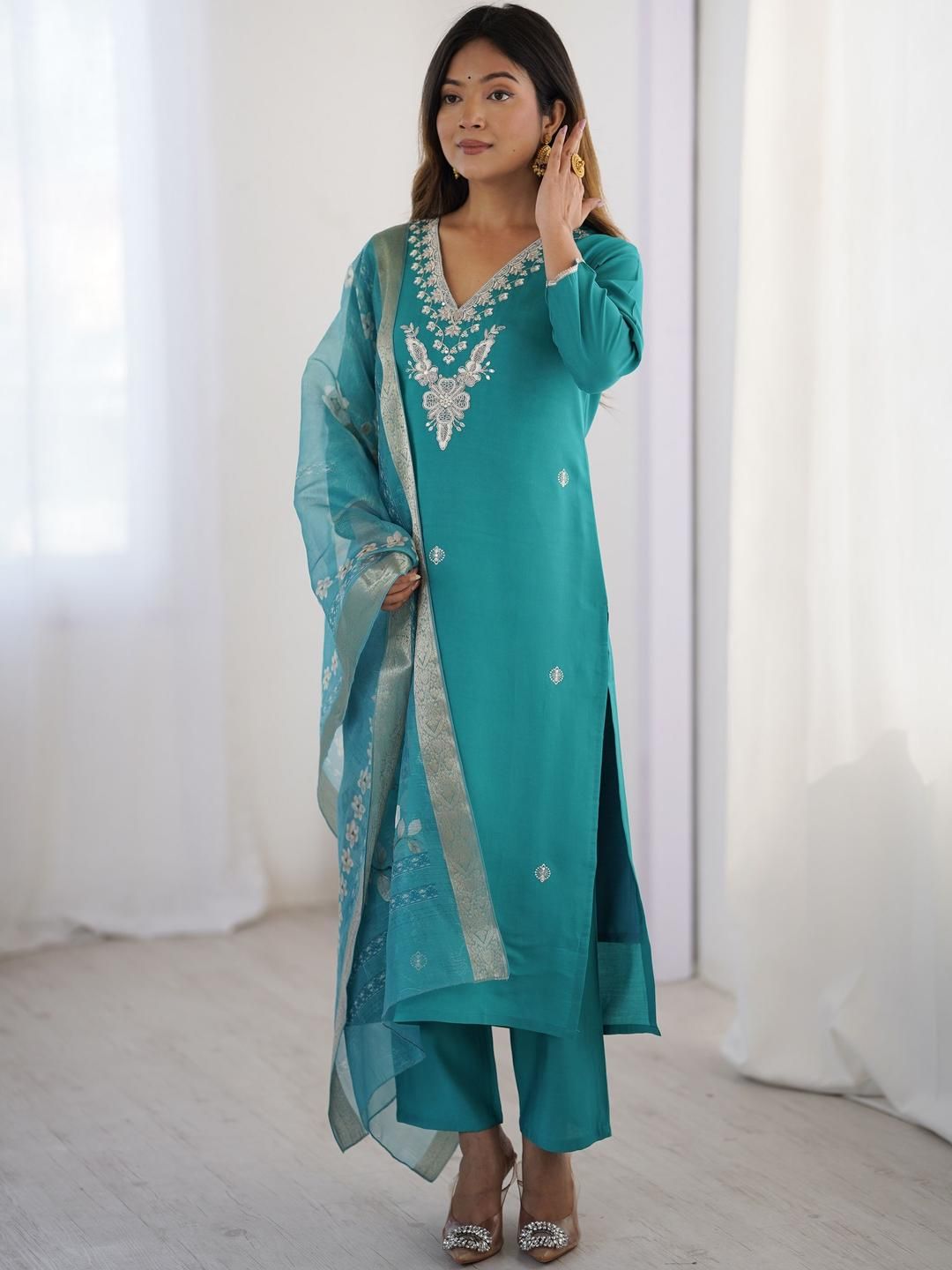 KALINI Women's Floral Embroidered Regular Thread Work Kurta with Trousers & With Dupatta