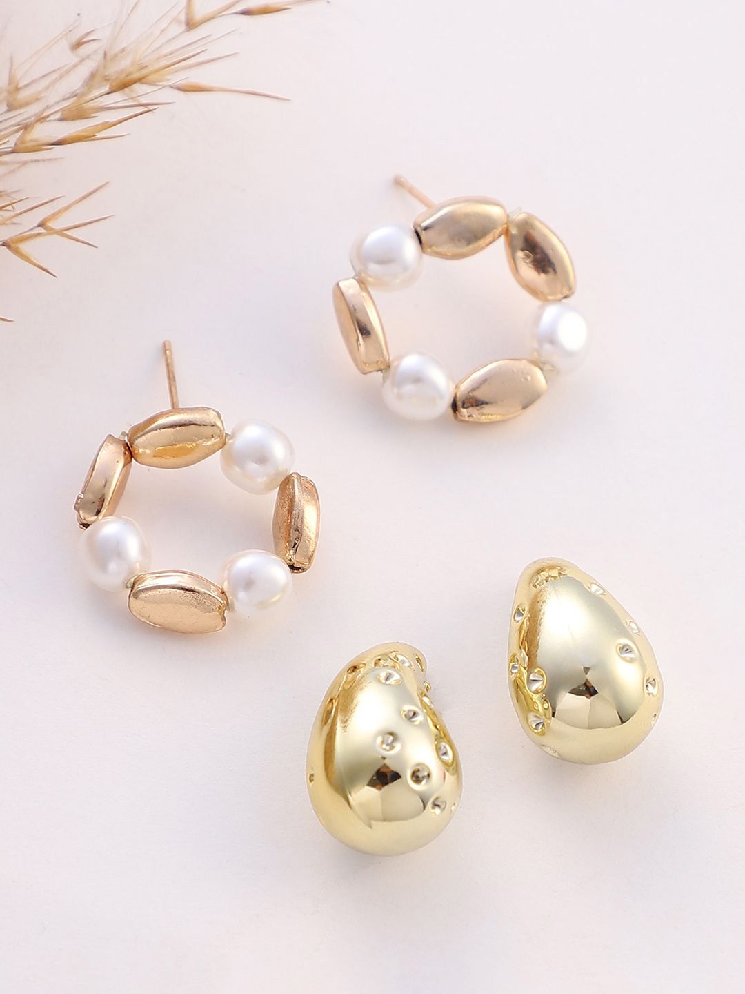 SOHI Set Of 2 Gold-Plated Beaded Circular & Teardrop Shaped Studs-picture-19