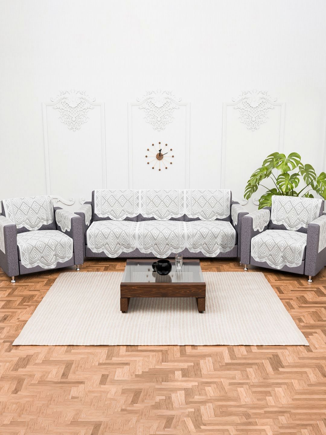 Aura White & Black Printed Cotton Sofa Cover With Arms-image-0