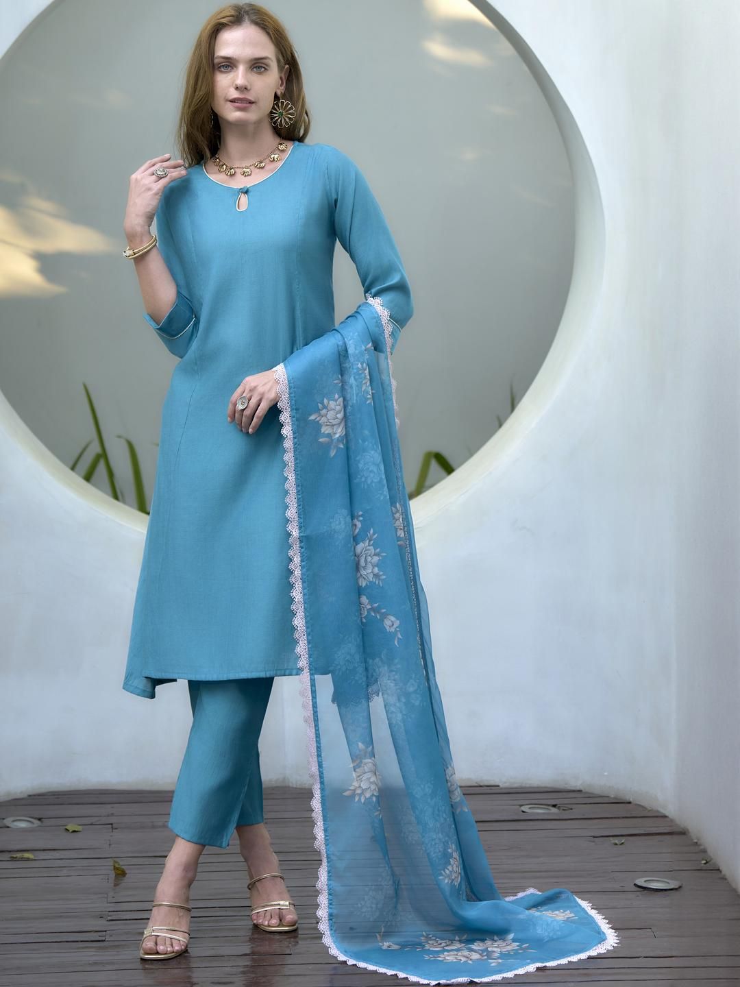 Sky Blue Solid Kurta Set with Floral Organza Dupatta | Elegant Daily & Festive Wear