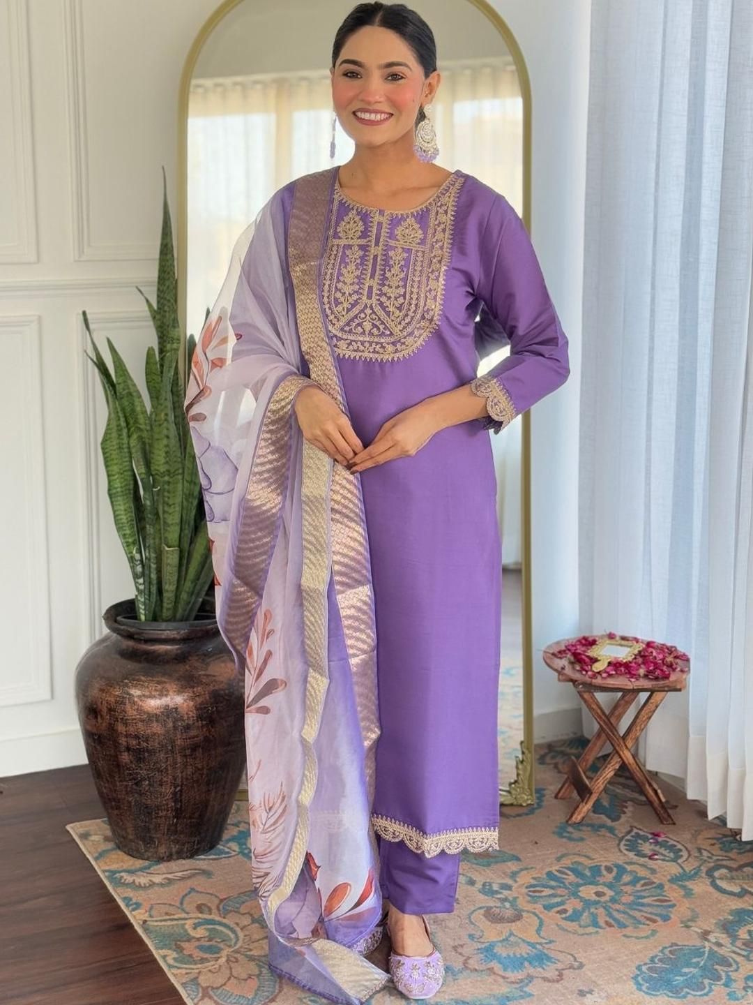 KALINI Women Ethnic Motifs Embroidered Regular Kurta with Trousers & With Dupatta