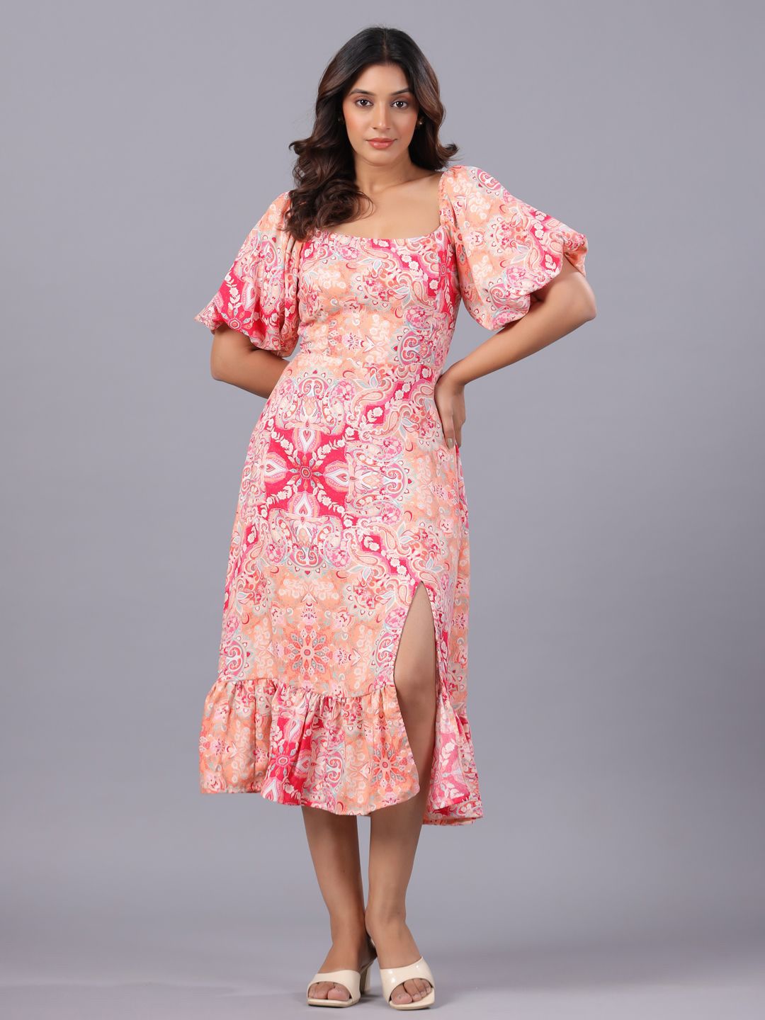 Zenava by Myntra Floral Print Puff Sleeve Bodycon Midi Dress-image-19