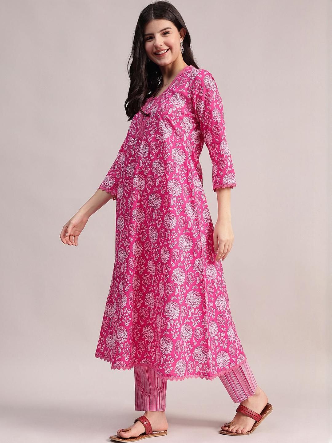 Women Floral Printed Regular Pure Cotton Kurta with Trousers & With Dupatta main image 1
