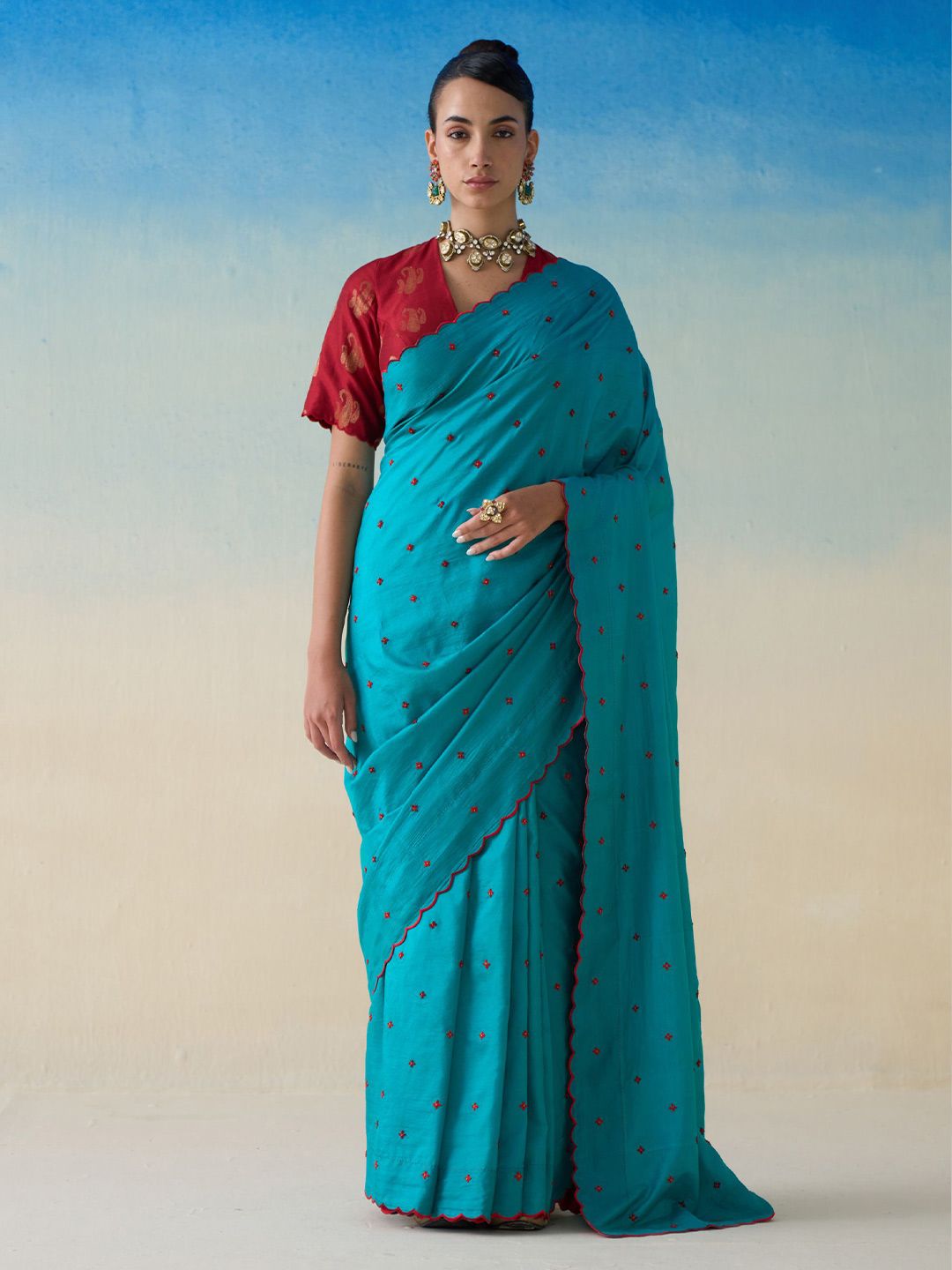 JANKI INDIA Floral Embroidered Art Silk Saree-image-21