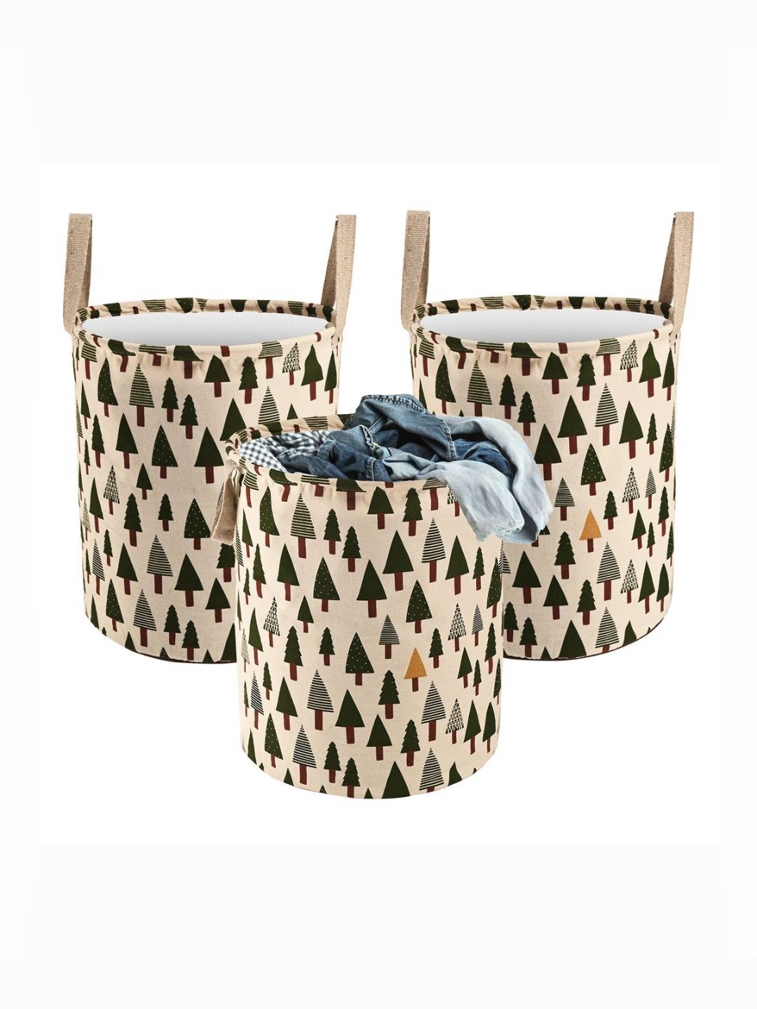 Aura 3Pcs Beige & Green Tree-Printed Foldable Laundry Bag With Handle - 60 L-picture-21